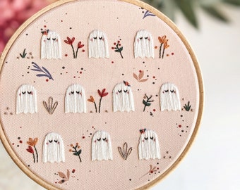 Ghosts in the Garden Embroidery kit (Pink Version) • Halloween Craft Kit • Cute Spooky Floral Kawaii Ghost Gift
