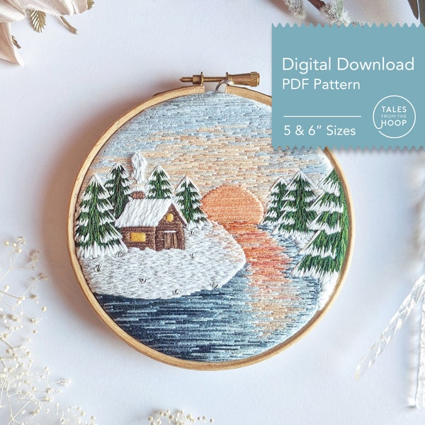 Winter Sunset Embroidery Pattern • Log Cabin in the Snow Landscape Embroidery Pattern • Digital PDF Download •  Christmas Wall Art & Decor