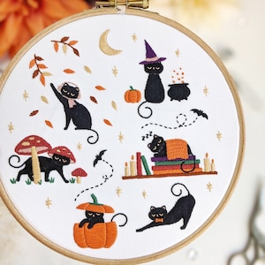 Halloween Cats Embroidery Kit: Spooky Autumn Theme - 7&quot; Hoop
