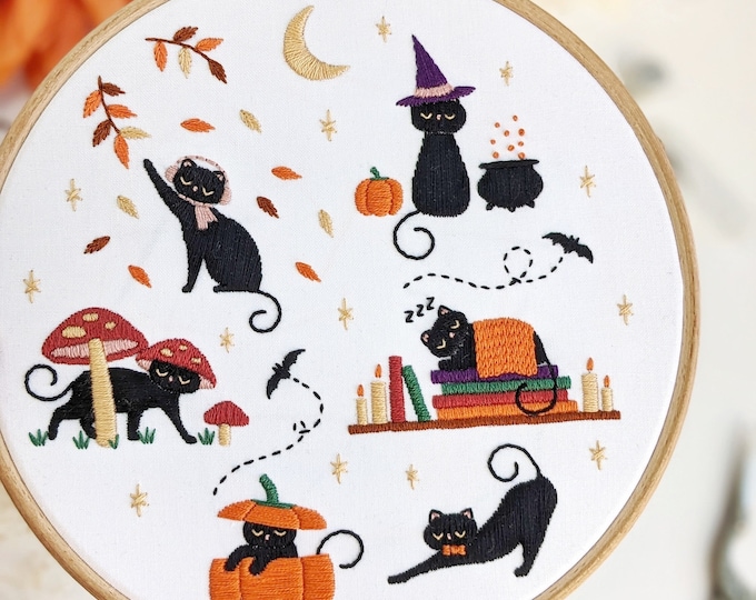 Halloween Cats Embroidery Kit: Spooky Autumn Theme - 7" Hoop
