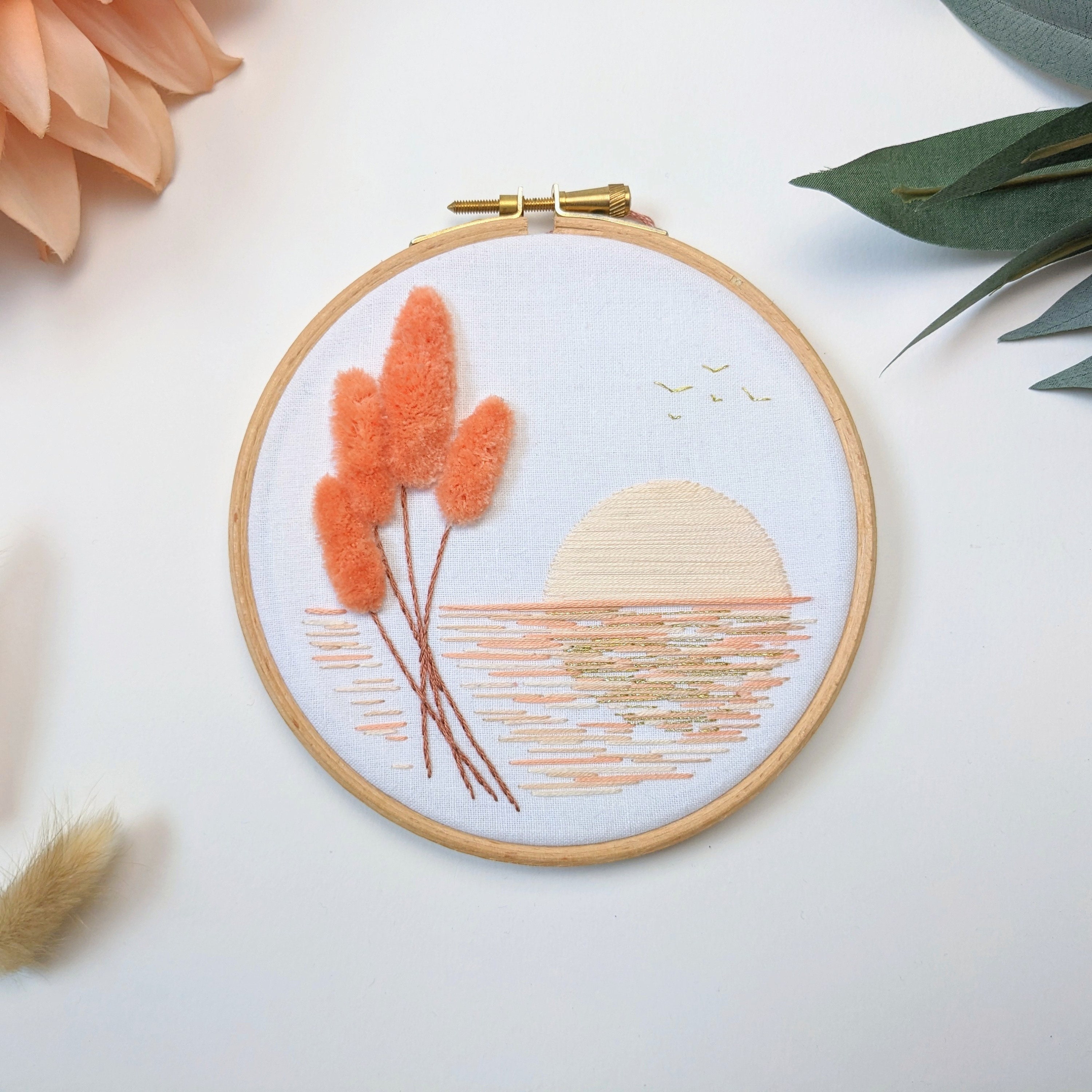 Sunset Lake Mini Easy Embroidery Kit Floral and Nature Theme Golden Hour  Summer Minimalist Aesthetic DIY Craft and Unique Gift 