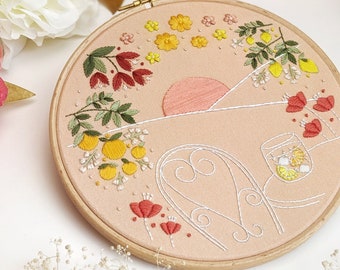 Peach Sunset Embroidery Kit • 7" Hoop • Floral, Golden Hour, Sunset theme • Thoughtful, Creative Handmade Gift