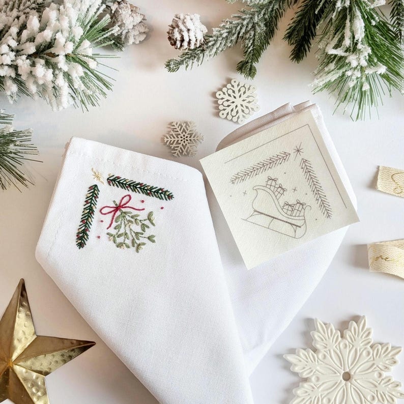 Christmas Corners Stick and Stitch embroidery patches. Add a handmade touch to your Christmas table decor or decoration scheme. Perfect for customised Christmas linens, napkins, fabrics, tablecloths bags and more.