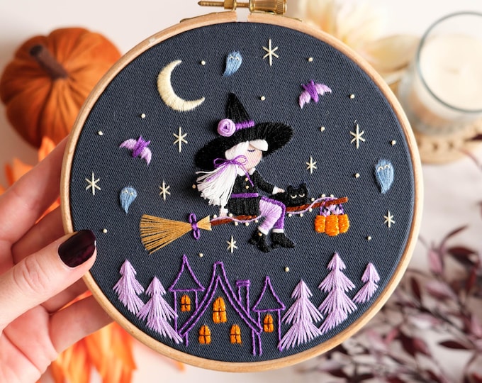 Little Witches Embroidery Kit: Cordelia Moonflower - 6" hoop, DIY Halloween Craft Gift