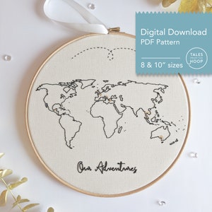 Travel Map Embroidery Pattern • PDF Digital Download • 8 & 10" Sizes • Customisable World Map • Unique DIY Gift and Wall Art