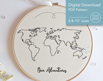 Travel Map Embroidery Pattern • PDF Digital Download • 8 & 10&quot; Sizes • Customisable World Map • Unique DIY Gift and Wall Art