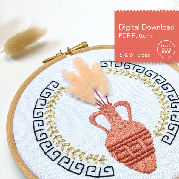 Greek Amphora Embroidery Pattern • Digital PDF Download • Greek themed Terracotta Urn Fluffy Pampas Grass