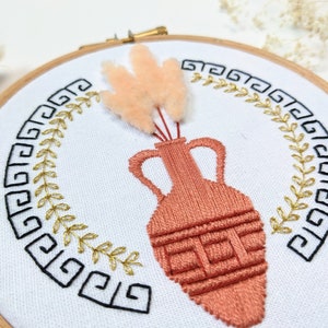 Greek Amphora modern floral and ancient greek themed embroidery craft kit. Modern embroidery design for beginners and all ability levels. Beautiful, creative and stylish Summer holidays craft gift for history lovers. Aegean Crete Athens Rome