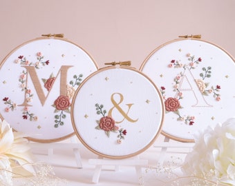 Personalised Boho Monogram Embroidery Kit Gift Set •  Wedding Anniversary Couples • 7" Hoops • Dusky Rose Floral Theme • Handmade Decor