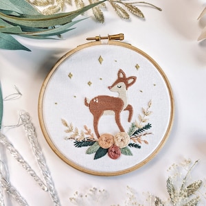 Floral Deer Mini Easy Embroidery Kit • 5&quot; Hoop • DIY Handmade Craft Kit and Gift