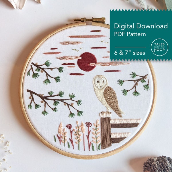 Owl in the Pines Embroidery Pattern • PDF Digital Download • Winter, Snowy Landscape, Bird & Nature Theme