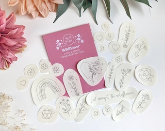 Wildflower • Stick and Stitch Embroidery Transfer Patches • Floral Nature Themed Patterns • Upcycle Customise clothing