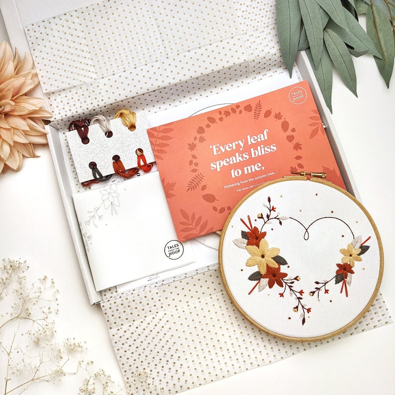 Autumn Heart embroidery kit by Tales from the Hoop. Capture the magic of the changing seasons with this Fall themed hand embroidery craft kit. The finished hoop is a stylish piece of seasonal wall art and a beautiful thoughtful gift.  Emily Bronte