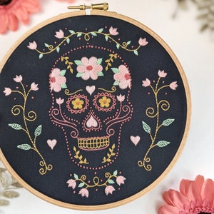 Day of the Dead Embroidery Kit • 7&quot; Hoop • Autumn, Fall Theme • Floral Sugar Skull Calavera • Halloween Decor and Gift
