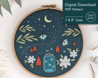 Firefly Forest Embroidery Pattern • Digital PDF download • 7 & 8" sizes • Nature, Woodland, Celestial Theme