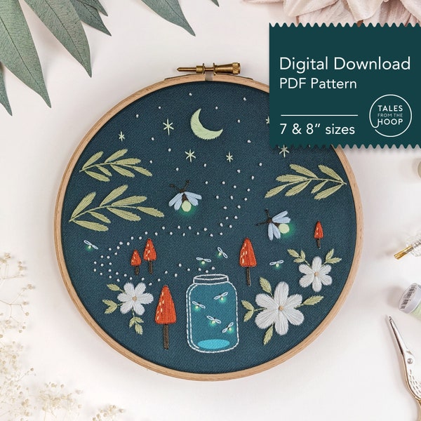 Firefly Forest Embroidery Pattern • Digital PDF download • 7 & 8" sizes • Nature, Woodland, Celestial Theme