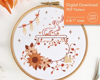Broderimönster med blommig kittel: Modern häxkonst för Halloween (digital PDF)