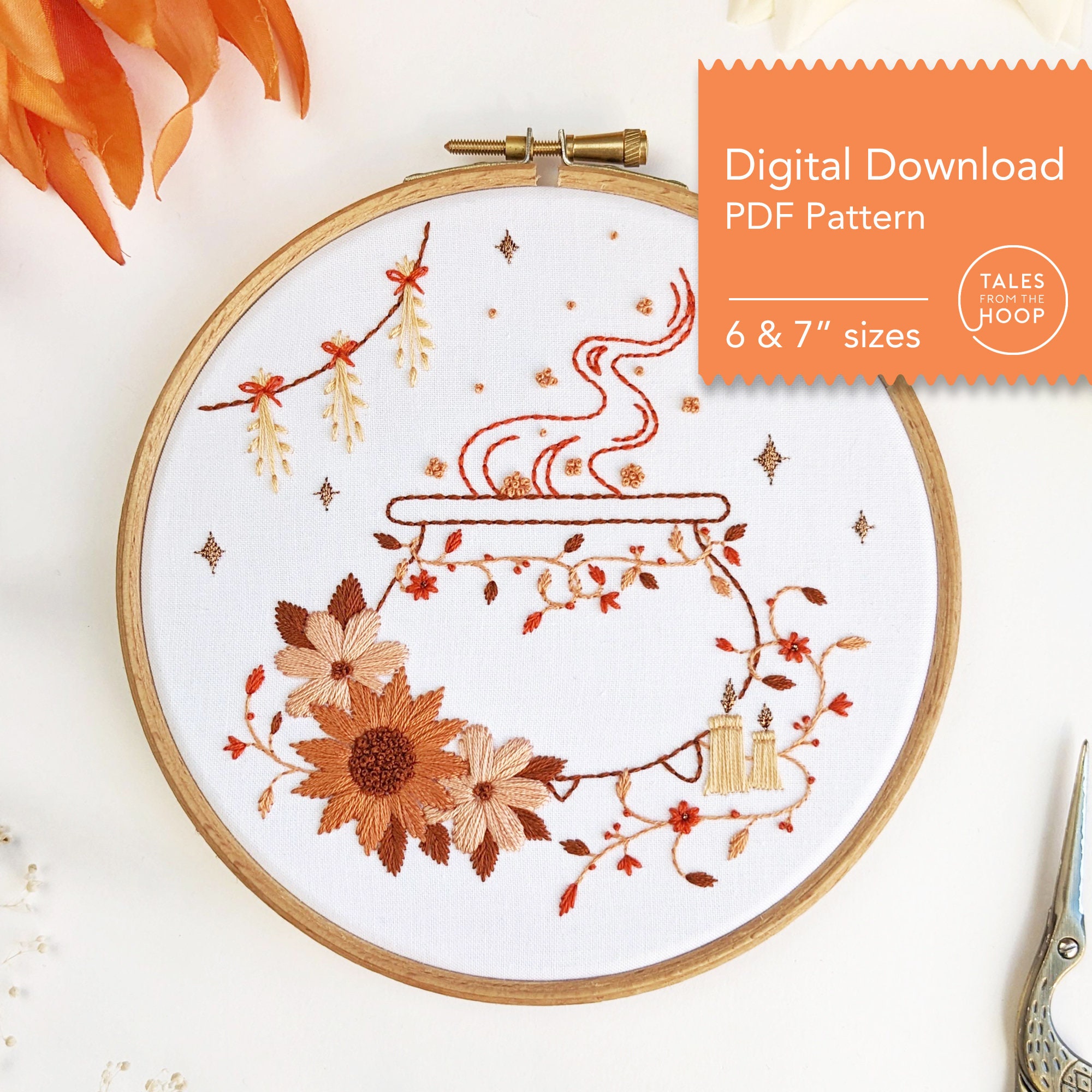 Floral Cauldron Embroidery Pattern: Modern Witch Halloween Art (digital ...