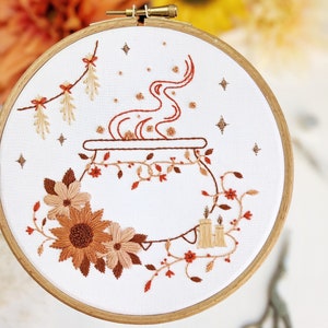 Floral Cauldron Embroidery Kit • 6" Hoop • Autumn, Fall and Modern Witch Theme • DIY Craft Kit and Handmade Halloween Gift