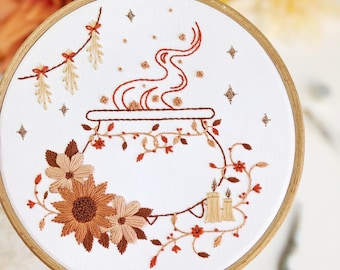 Floral Cauldron Embroidery Kit • 6" Hoop • Autumn, Fall and Modern Witch Theme • DIY Craft Kit and Handmade Halloween Gift