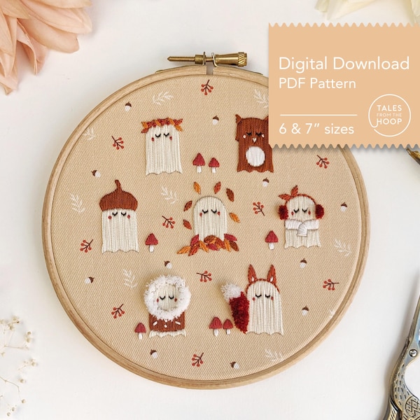 Ghosts in the Woods Embroidery Pattern •  Digital PDF download • Cute Kawaii Halloween, Autumn and Fall Floral Ghost Theme