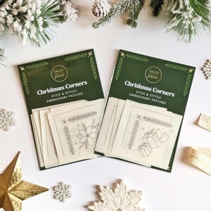 Christmas Corners Stick and Stitch embroidery patches. Add a handmade touch to your Christmas table decor or decoration scheme. Perfect for customised Christmas linens, napkins, fabrics, tablecloths bags and more.