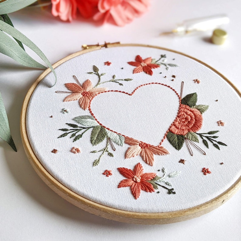 Floral Heart embroidery craft kit. Magical, stylish floral wildflower heart embroidery design. A very special gift for any craft lover to make themselves with a DIY kit. Designed and made in the UK. Cool embroidery design with a heart and love theme