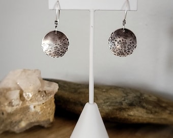 Silver disc earrings, distressed, hammered satin finish