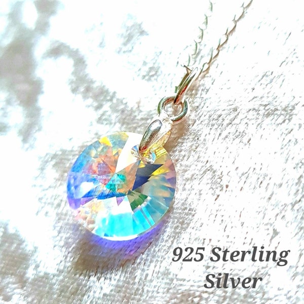 Swarovski Crystal Necklace. Aurora Borealis Pendant on 925 Sterling Silver Chain. Handcrafted. Birthday/Christmas/Eid/Mothers Day Gift