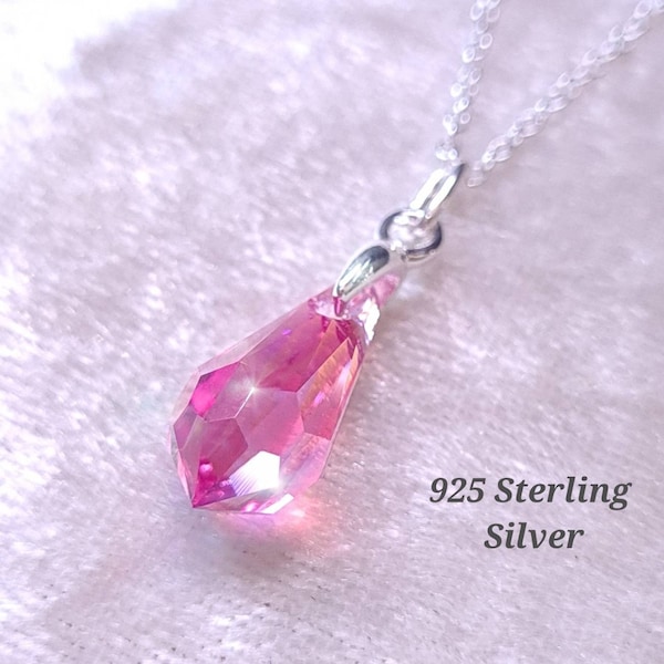 Rose Aurora Borealis Crystal Necklace, 925 Sterling Silver Chain