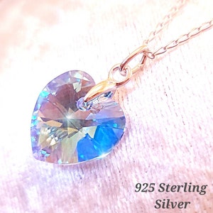 Genuine Crystal Necklace. Aquamarine Shimmer Pendant on 925 Sterling Silver Chain. Birthday/Christmas/Eid/MothersDay Gift