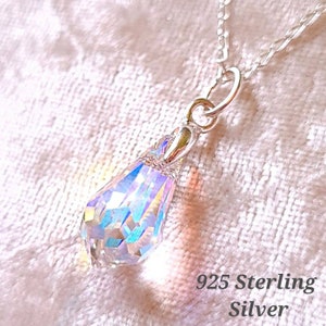 Genuine Crystal Necklace. Aurora Borealis Pendant on 925 Sterling Silver Chain. Handcrafted. Birthday/Christmas/Eid/MothersDay Gift