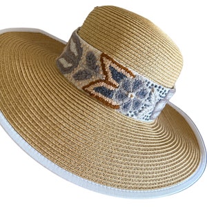 Sun Hat, Wide Brim Hat,  Summer , Straw Hat, Hand Embroidered Band