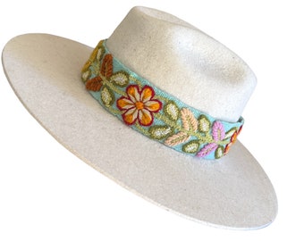 Embroidered Hat Band - Hand Made, Floral - 100% Wool