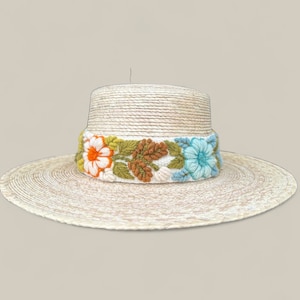 Handmade Palm Leaf Fedora Hat, Wide Brim Hat,  Summer , Straw Hat, Panama Wide Brim, Removable Hand Embroidered Band