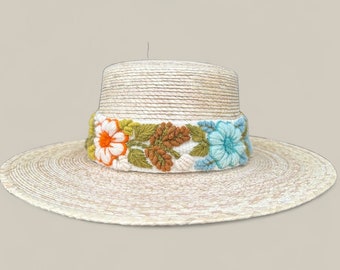 Handmade Palm Fedora Hat, Wide Brim Hat,  Summer , Straw Hat, Panama Wide Brim, Removable Hand Embroidered Band