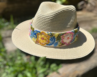 Fedora Hat, Summer Hat, Straw Hat, Panama Hat,  Removable Hand Embroidered Band