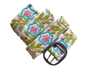 Hand Embroidered Belt, Peruvian, Flower Belt, Handmade - "Blossom Delight" - Cream Background