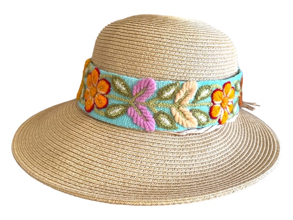 Sun Hat, Wide Brim Hat, Summer , Straw Hat, Hand Embroidered  display picture 1