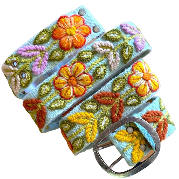 Embroidered Belt, Flower Belt, Andina Belt, Peruvian, Handmade - Mint and Rust Flowers