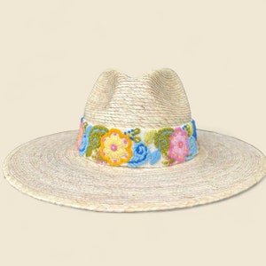 Handmade Palm Fedora Hat, Wide Brim Hat,  Summer , Straw Hat, Panama Wide Brim, Removable Hand Embroidered Band