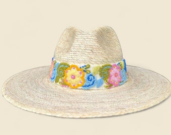 Handmade Palm Fedora Hat, Wide Brim Hat,  Summer , Straw Hat, Panama Wide Brim, Removable Hand Embroidered Band