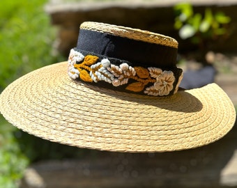 Wide Brim Straw Hat for Women, Oversized Beach Hat, UV Protection Sun Hat,  Panama Wide Brim Hat,  Summer , Hand Embroidered Removable Band
