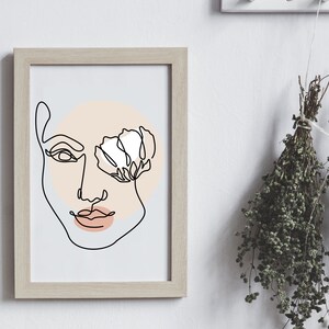 One Line Drawing Womans Face Floral Wall Art Print