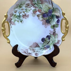 Antique Hand-Painted Signed Limoges Bowl with Gold Gilt Handles—France c.1900–BlackBerry Floral Design—Art Porcelain—Wedding Gift