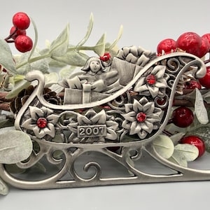 Vintage AVON 2007 Pewter Christmas Ornament; Victorian Sleigh; Poinsettias; Red Rhinestones; Dated Annual Collectible; Holiday Tree Decor