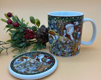Vintage Portmeirion “A Christmas Story” Ceramic Mug and Coaster Set—Santa Illustration—Vintage Kitchen Decor