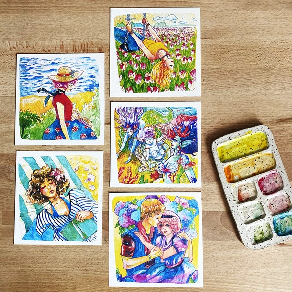 Ensemble de 5 cartes postales carrées manga vintage 115 x 115 mm - Tirage à la demande