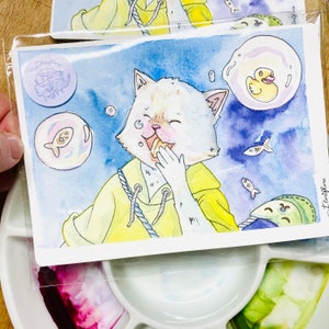 Garçon Chat qui Baille carte postale  _A6_300g - Illustration à l'aquarelle signée et numérotée
