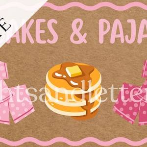 Puede incluir: Plantilla de banner con el texto "CAKES & PAJAMAS" en rosa. La imagen incluye una pila de panqueques con mantequilla y jarabe, y un pijama rosa con lunares. El banner tiene un fondo marrón y un borde rosa.